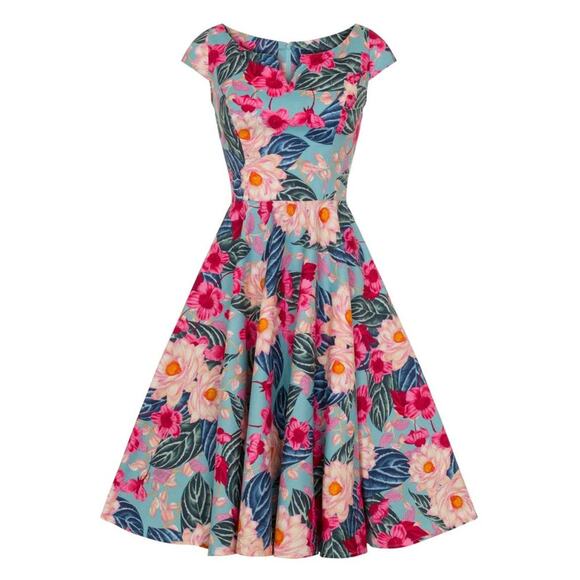 Hell Bunny Retro Tropical Floral Fit and Flare Dress Blue Pink Size S - Picture 7 of 9